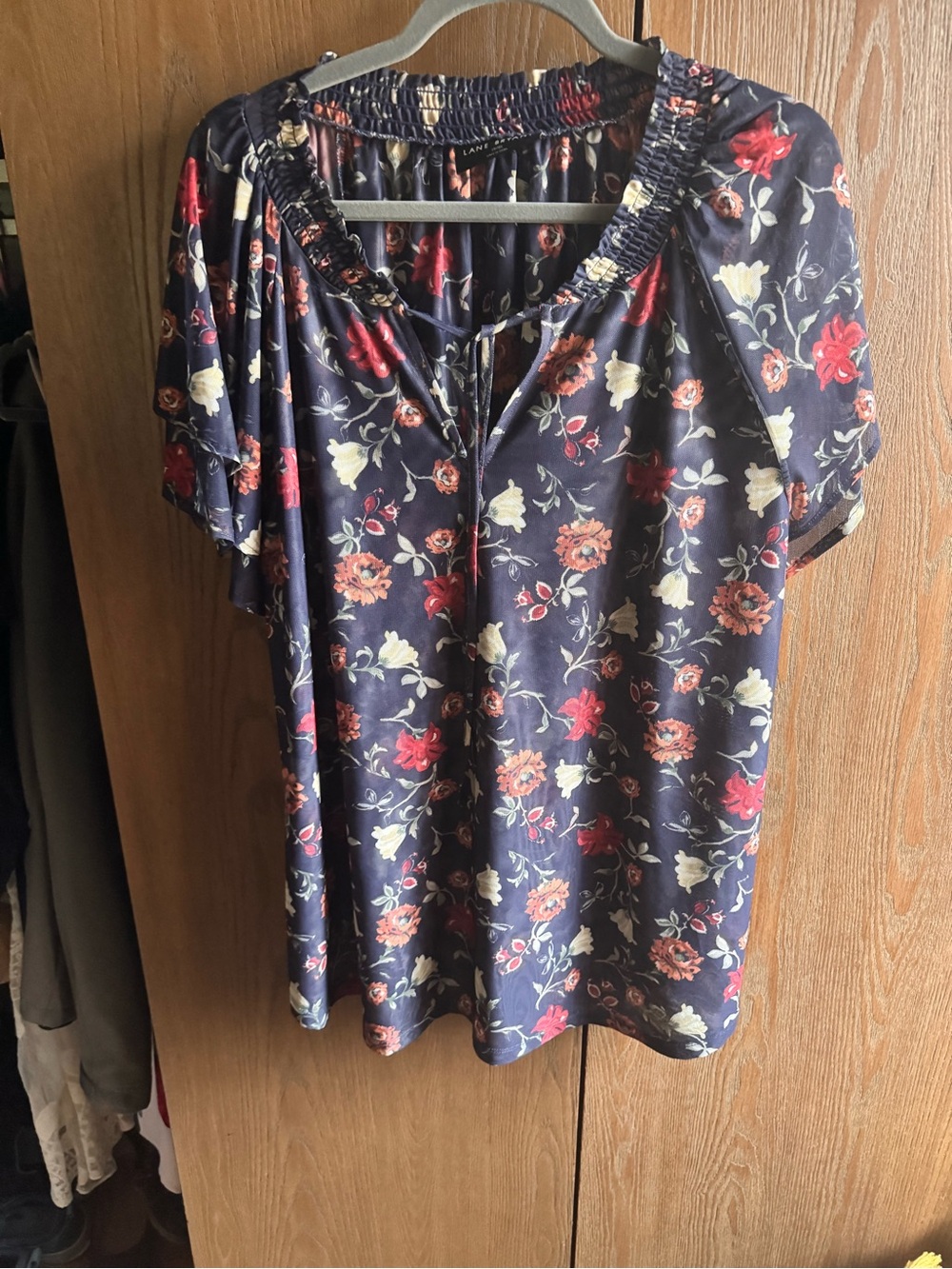 Lane Bryant Navy Floral Short-Sleeve Peasant Blouse